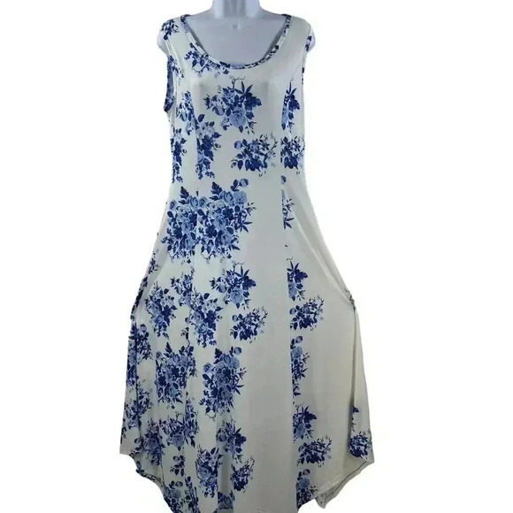 Lily by Firmiana Dresses & Skirts - Lily By Firmiana Womens White Blue Floral Maxi Dress M Handkerchief Hem